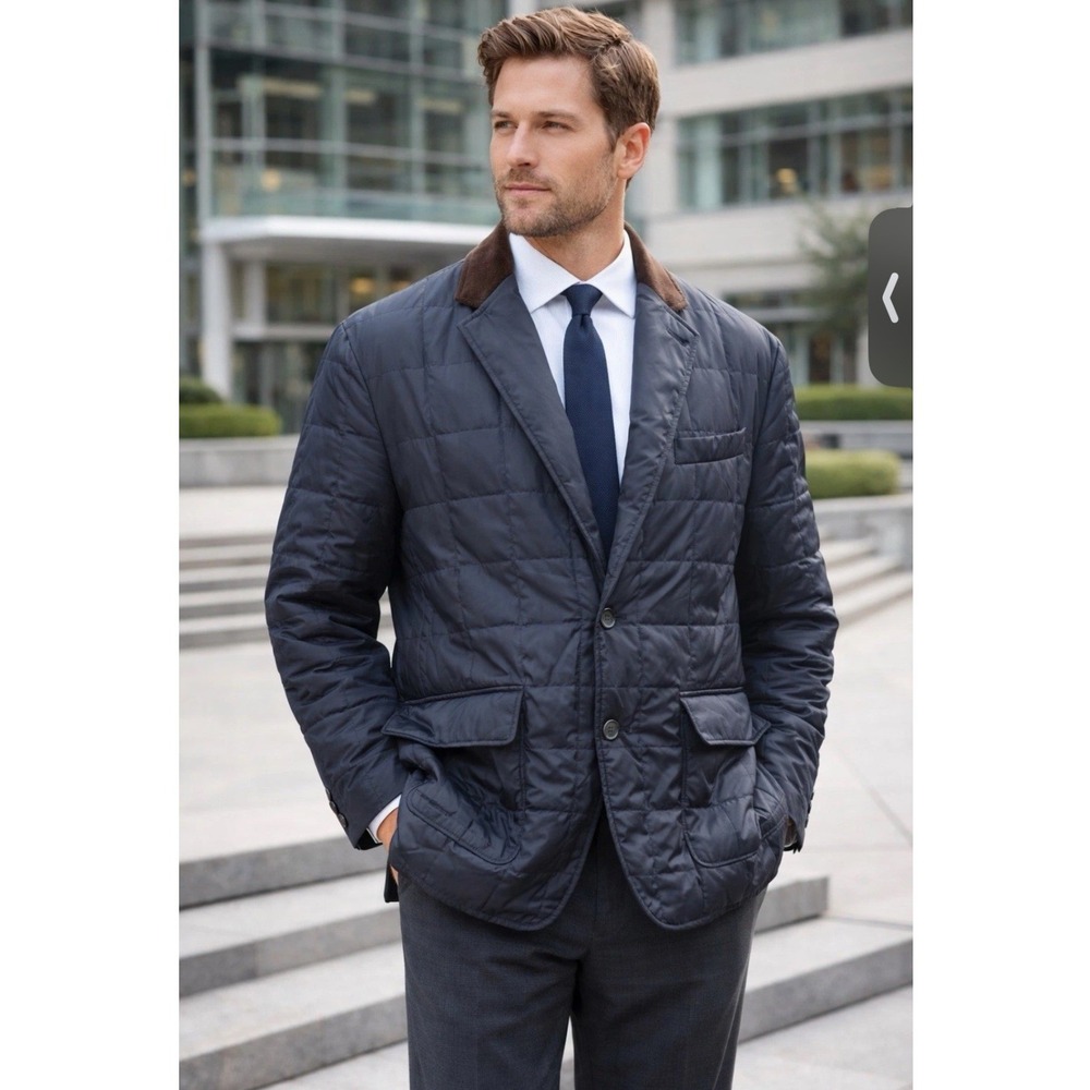 Chaps Ralph Lauren Mens Navy Blue Quilted Blazer Jacket 44R Corduroy Collar